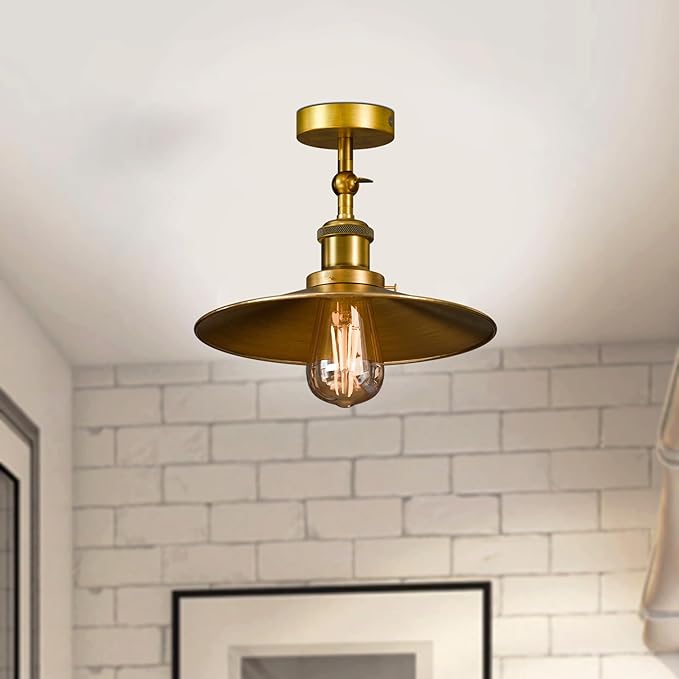 Vintage Metal Curvy Shade Yellow Brass Semi Flush Mount Lighting ~6207-1