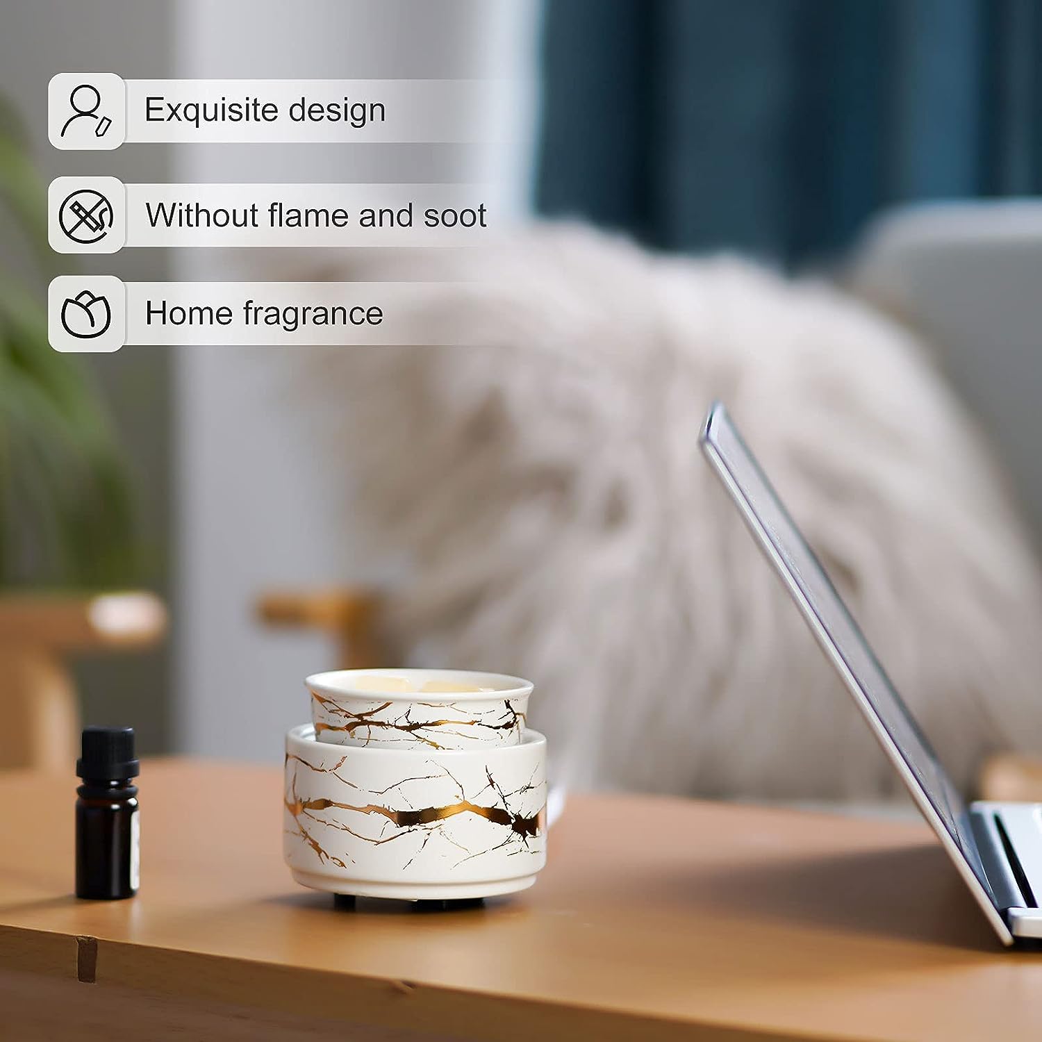 Wax Melt Burner Ceramic 3-in-1 Oil Burner Electric Candle Wax Burner (White Gold)-2