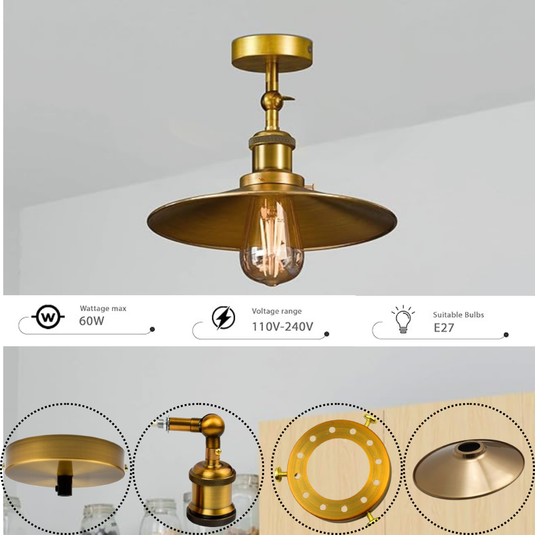 Vintage Metal Curvy Shade Yellow Brass Semi Flush Mount Lighting ~6207-2