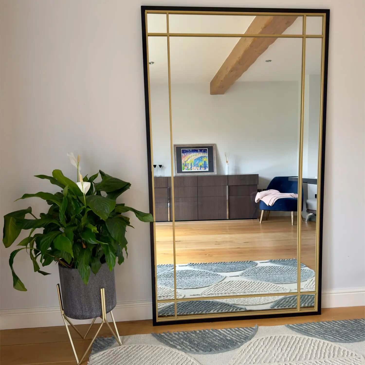 Aimi - Full Length Black & Gold Metal Rectangle Window Mirror - 180cm x 105cm.-1