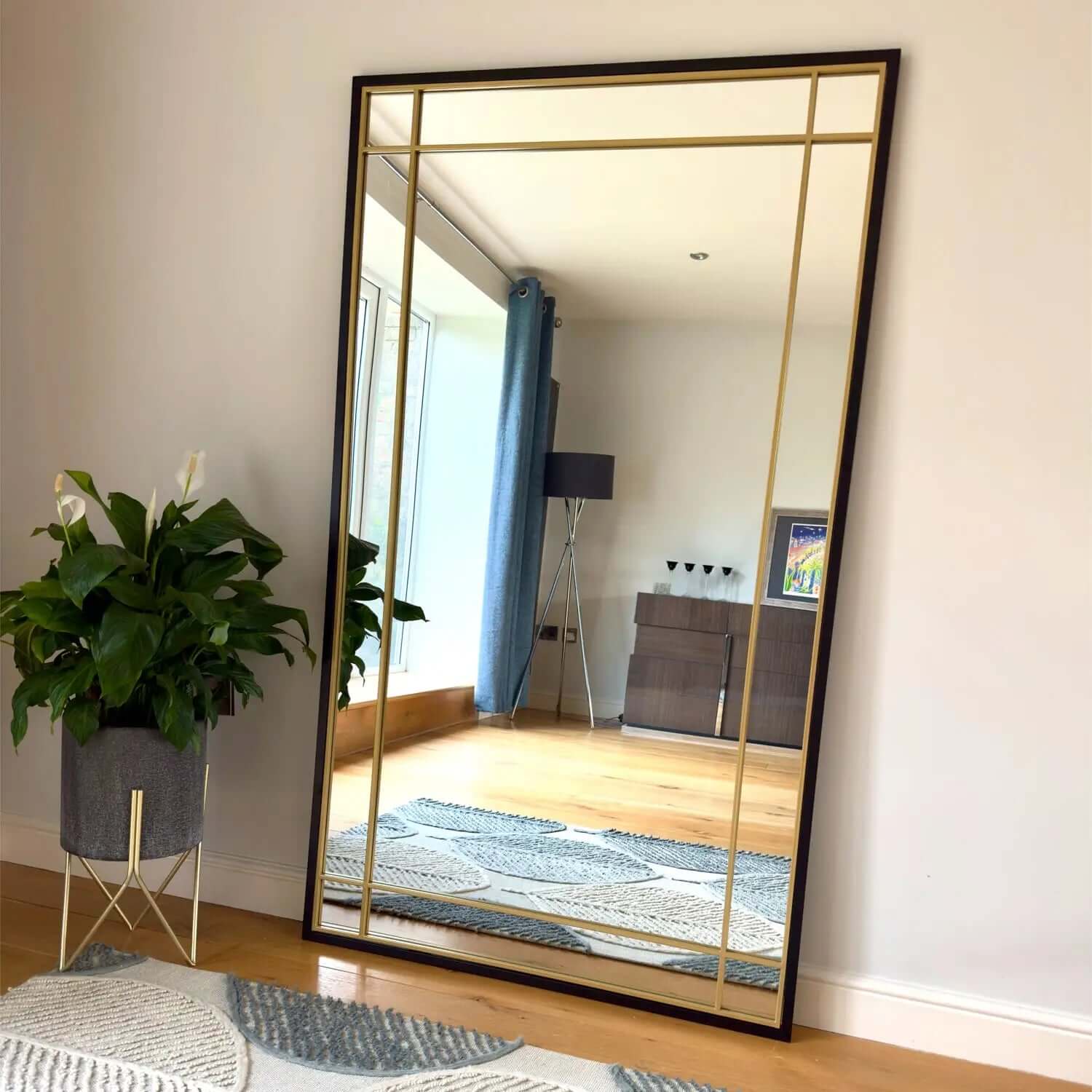 Aimi - Full Length Black & Gold Metal Rectangle Window Mirror - 180cm x 105cm.-0