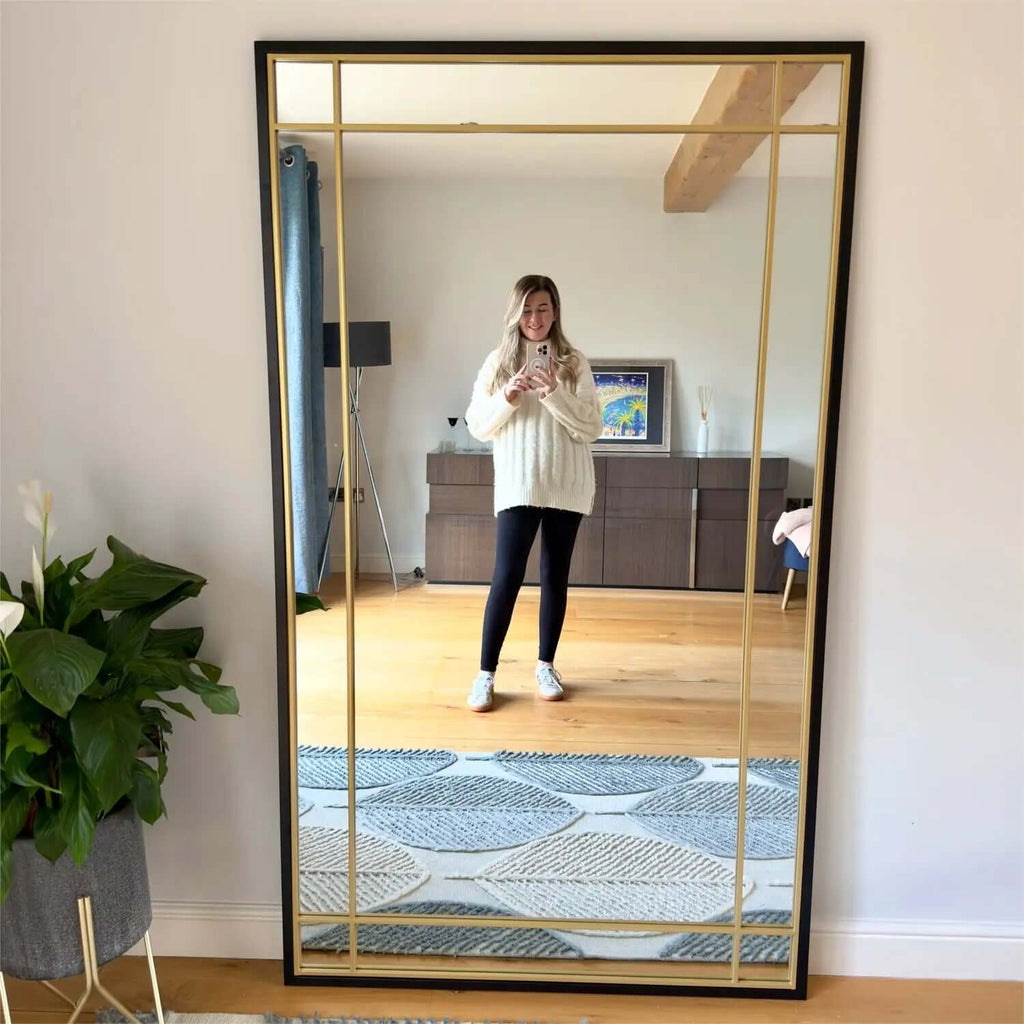 Aimi - Full Length Black & Gold Metal Rectangle Window Mirror - 180cm x 105cm.-4