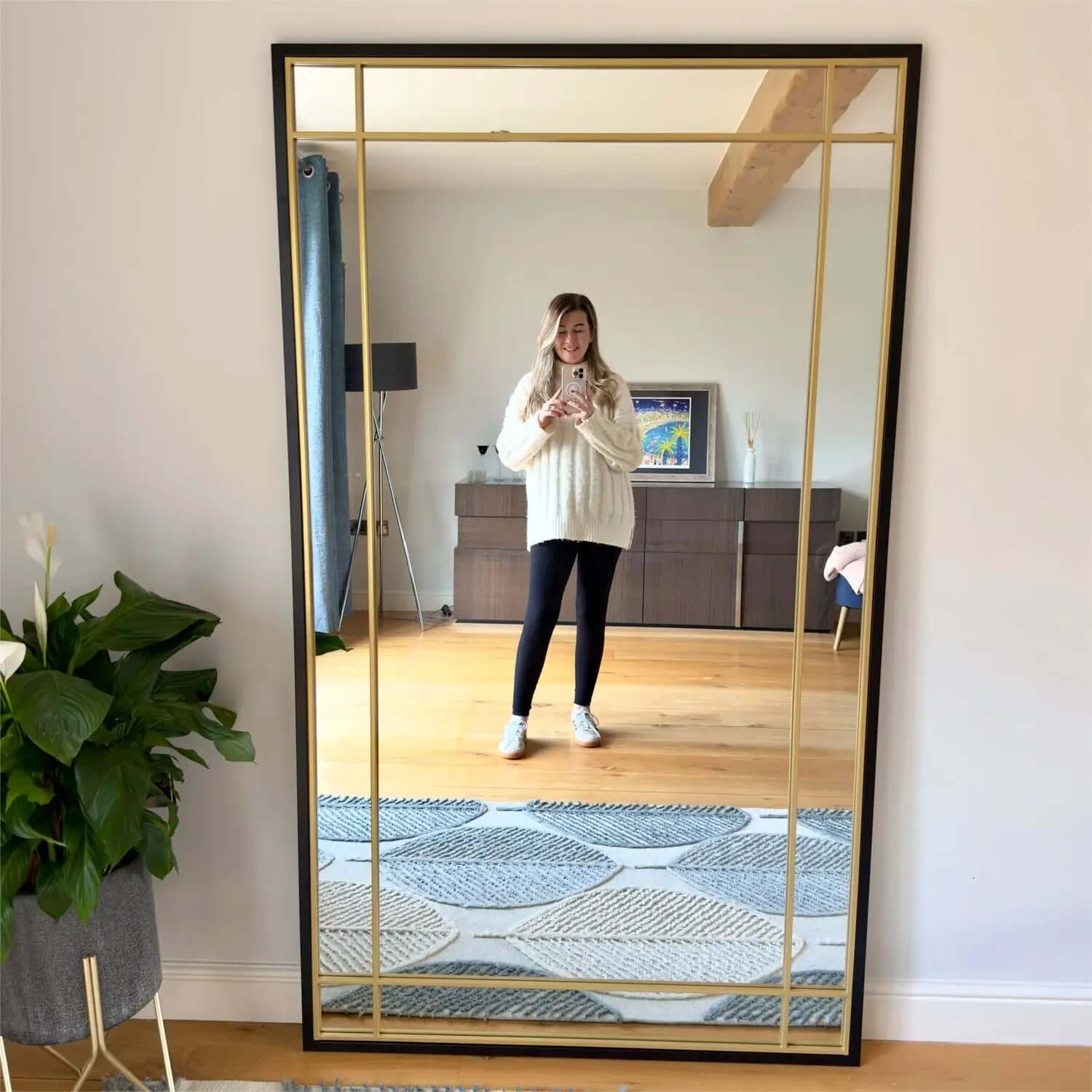 Aimi - Full Length Black & Gold Metal Rectangle Window Mirror - 180cm x 105cm.-4